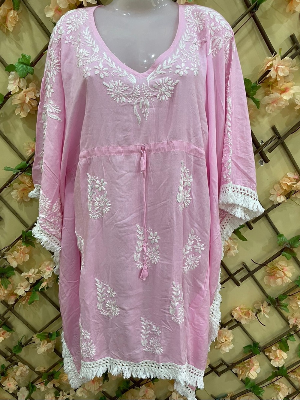 Lucknowi Chikankari Pink Kaftan Embroidered Tunic Cover Up